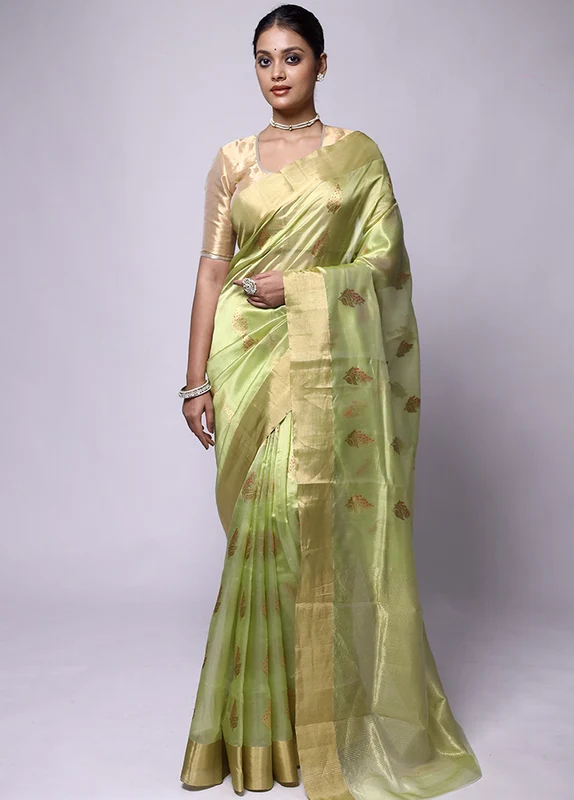 Green Handloom Chanderi Pure Cotton Saree With Blouse Piece Onesize