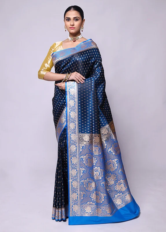 Blue Banarasi Silk Saree With Blouse Piece Onesize