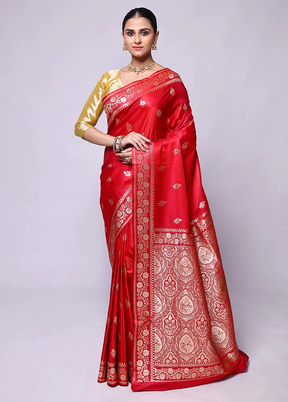 Pink Banarasi Silk Saree With Blouse Piece Onesize
