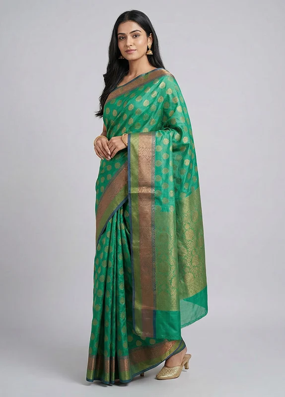 Green Dupion Silk Saree With Blouse Piece One Size