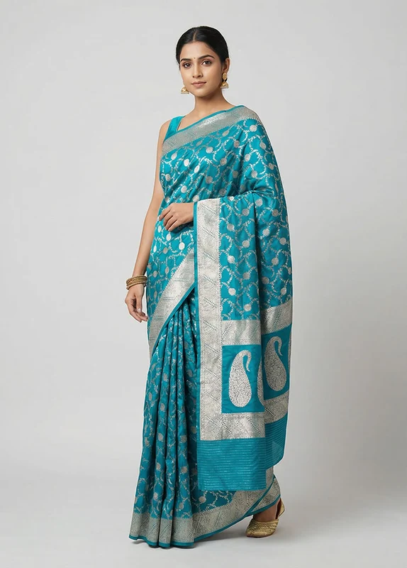 Blue Banarasi Silk Saree With Blouse Piece One Size