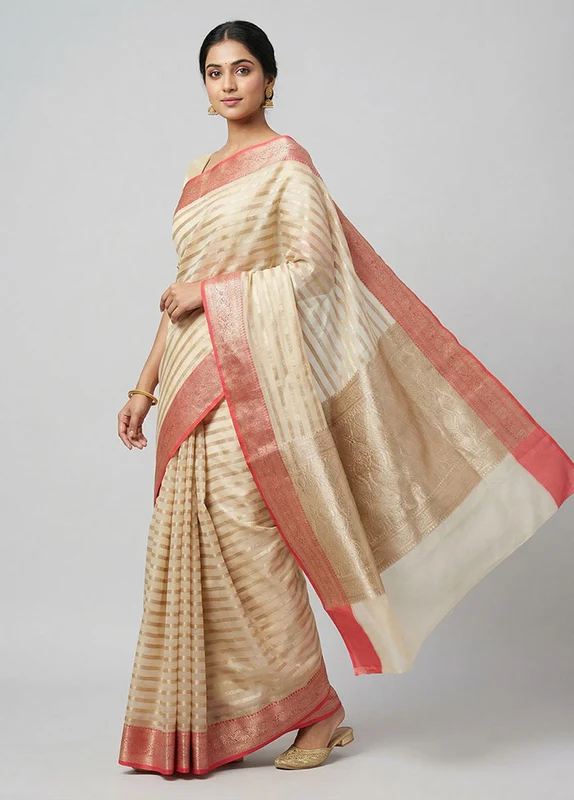 White Organza Saree With Blouse Piece One Size
