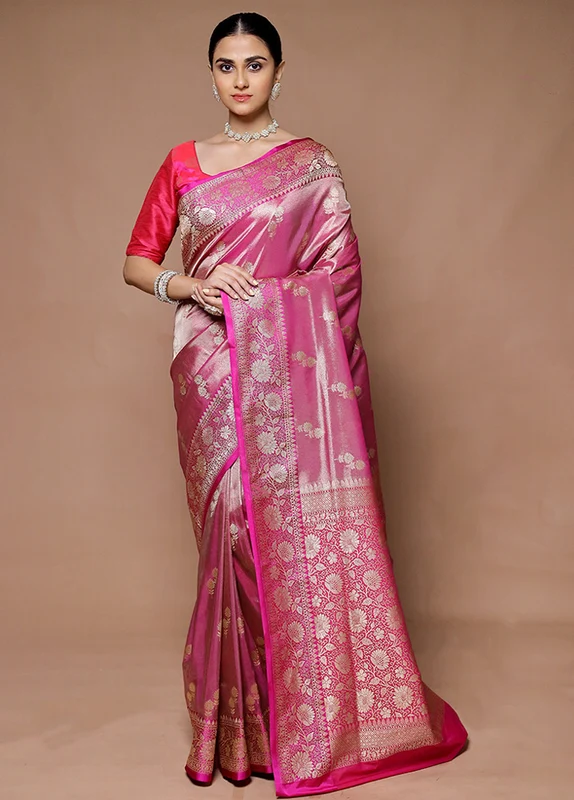 Pink Tissue Silk Saree With Blouse Piece Onesize
