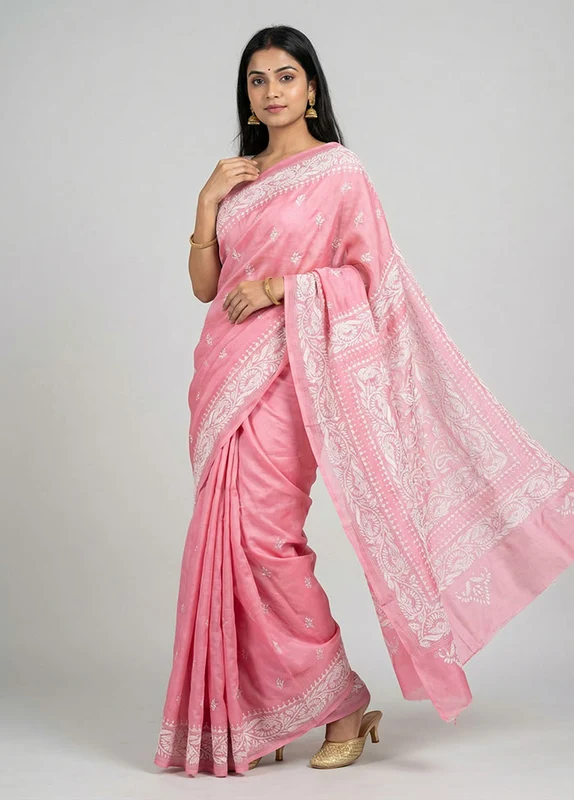 Pink Handloom Kantha Stitch Pure Silk Saree With Blouse Piece One Size