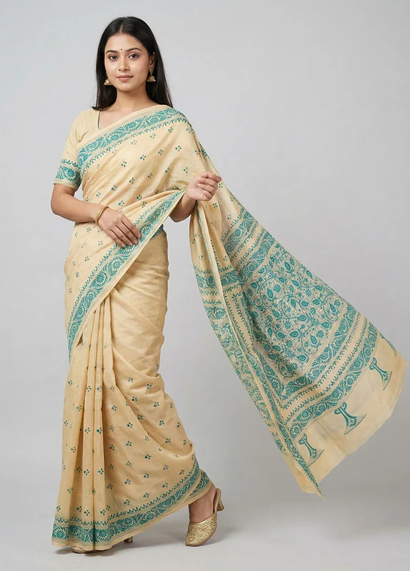 Cream Handloom Kantha Stitch Pure Silk Saree With Blouse Piece One Size