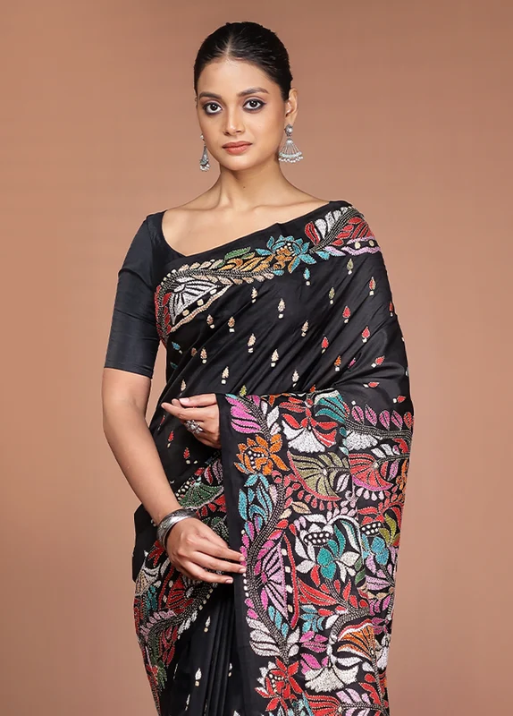 Black Handloom Kantha Stitch Pure Silk Saree With Blouse Piece One Size