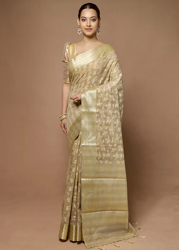 Cream Kora Silk Saree With Blouse Piece Onesize