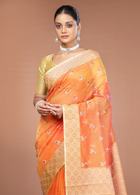 Rust Cotton Saree With Blouse Piece One Size