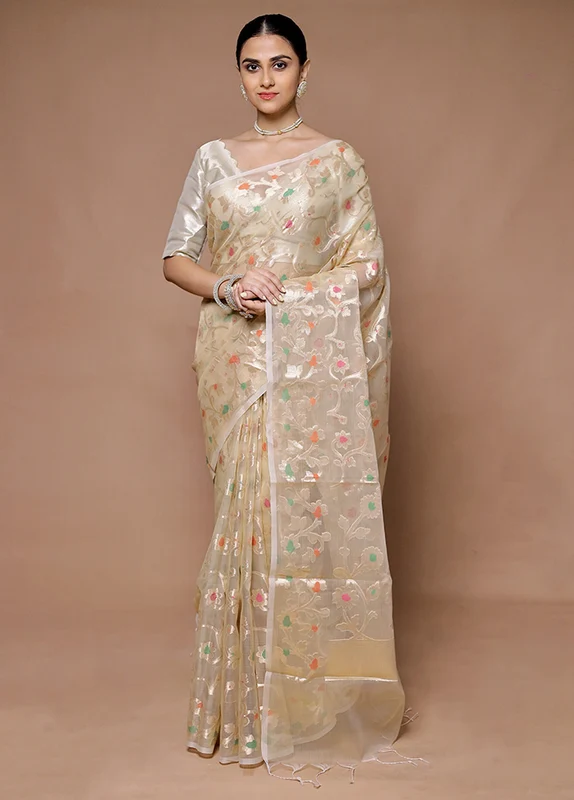 Cream Organza Saree With Blouse Piece Onesize
