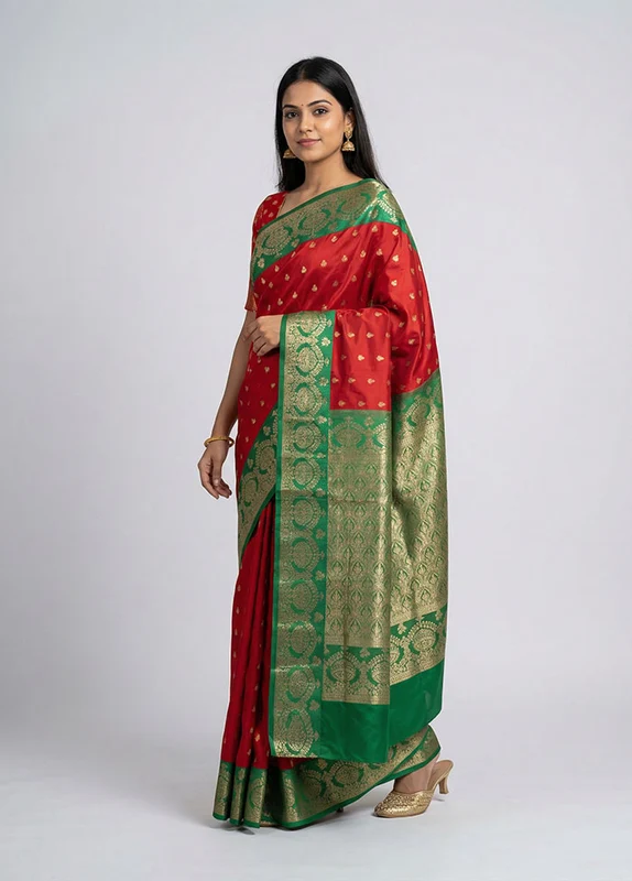 Red Kanjivaram Silk Saree With Blouse Piece One Size