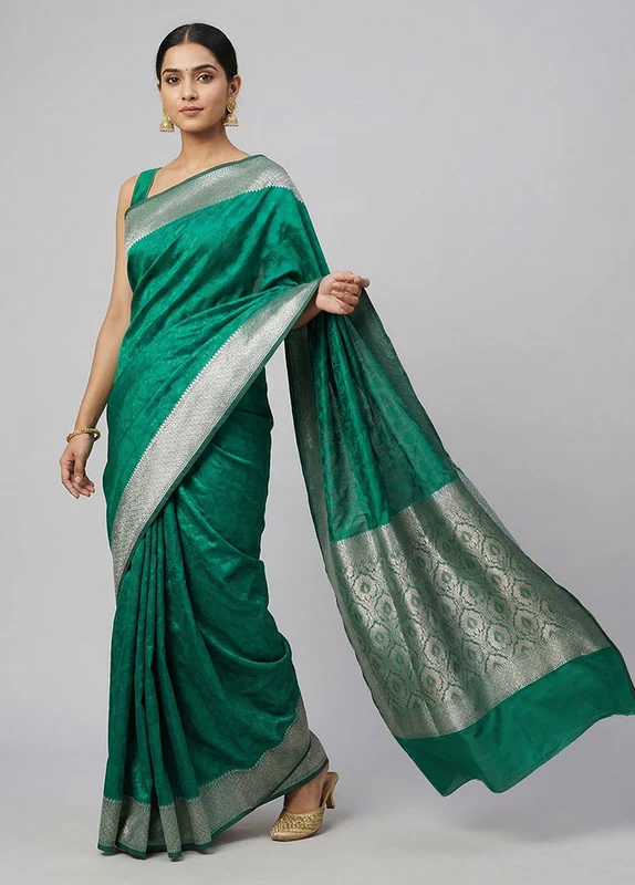 Blue Kora Silk Saree With Blouse Piece One Size