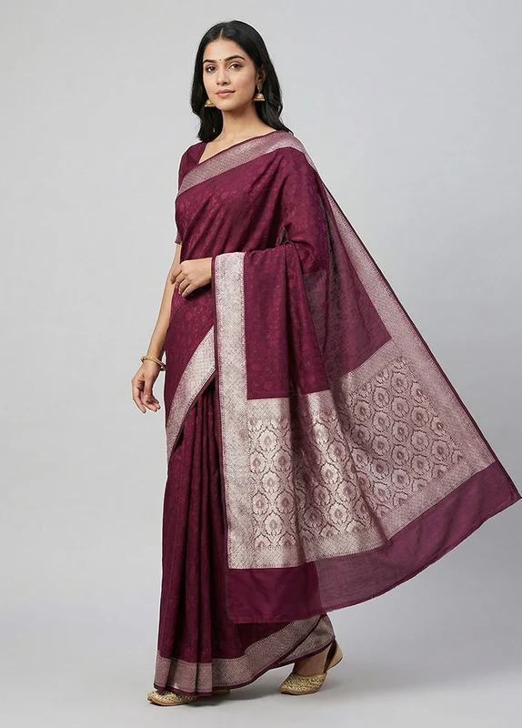 Purple Kora Silk Saree With Blouse Piece One Size