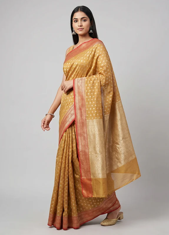 Yellow Kora Silk Saree With Blouse Piece One Size