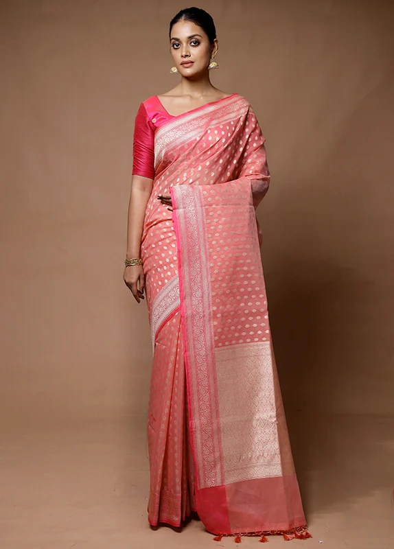Pink Kora Silk Saree With Blouse Piece Onesize