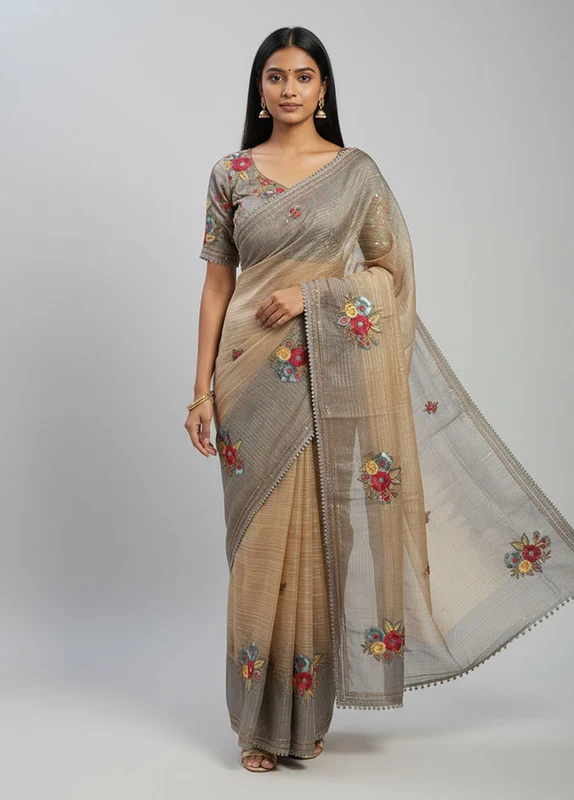 Cream Tussar Silk Saree With Blouse Piece One Size
