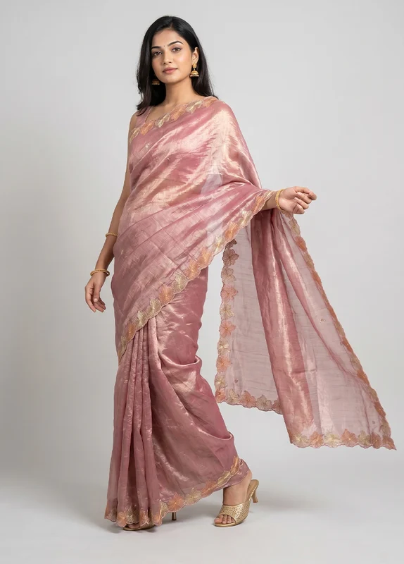 Peach Tissue Silk Saree With Blouse Piece One Size