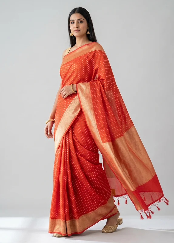 Red Kora Silk Saree With Blouse Piece One Size