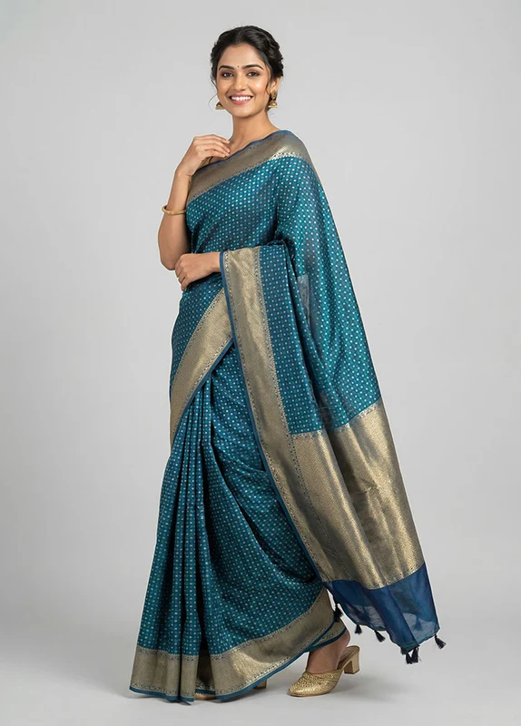 Blue Kora Silk Saree With Blouse Piece One Size