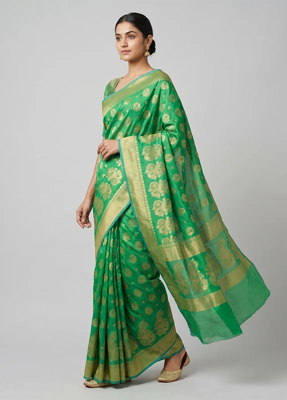 Green Kora Silk Saree With Blouse Piece One Size