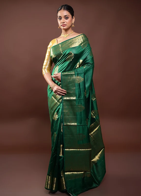 Green Dupion Silk Saree With Blouse Piece Onesize
