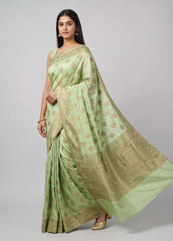 Green Handloom Dupion Silk Saree With Blouse Piece One Size
