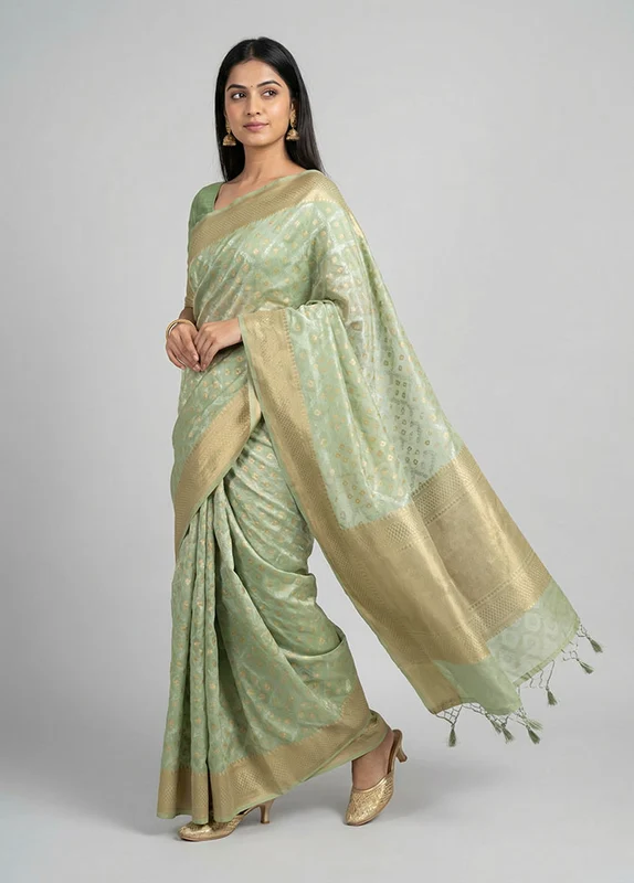 Green Kora Silk Saree With Blouse Piece One Size