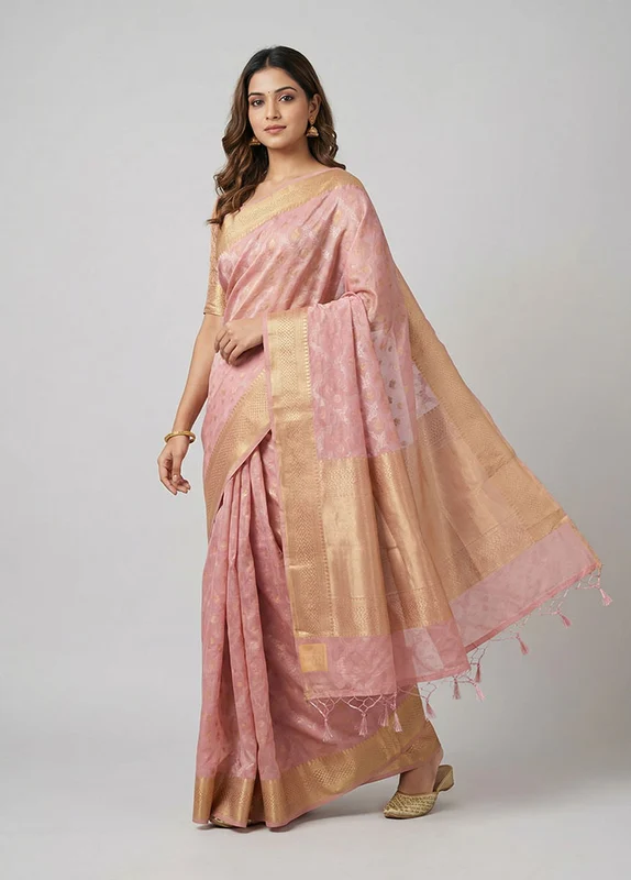 Pink Kora Silk Saree With Blouse Piece One Size