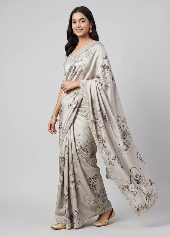 Grey Chiffon Silk Saree With Blouse Piece One Size