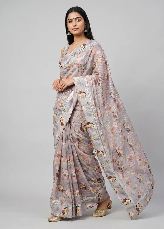 Pink Chiffon Silk Saree With Blouse Piece One Size