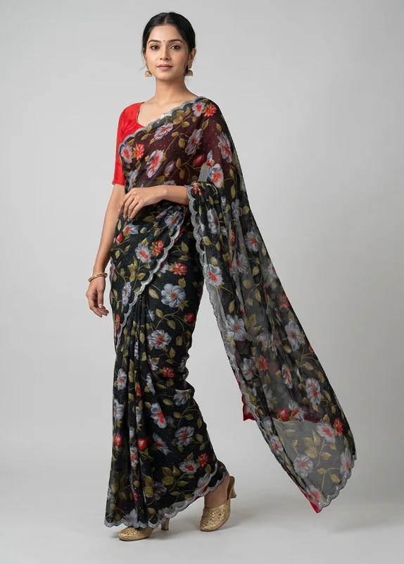 Black Chiffon Silk Saree With Blouse Piece One Size