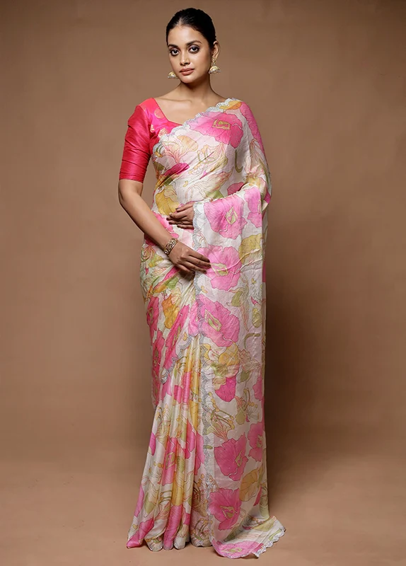White Chiffon Silk Saree With Blouse Piece Onesize