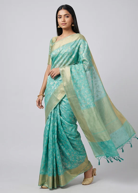 Green Kora Silk Saree With Blouse Piece One Size