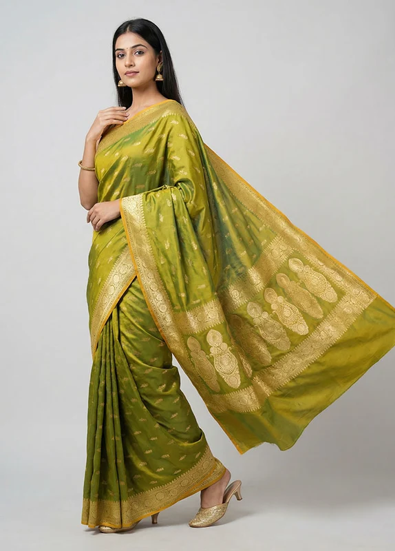 Green Katan Silk Saree With Blouse Piece One Size