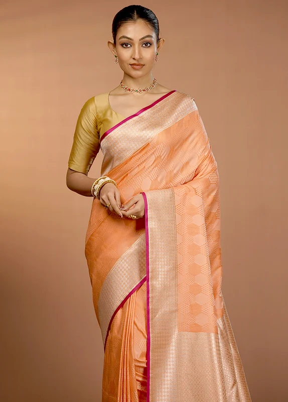 Peach Katan Silk Saree With Blouse Piece One Size