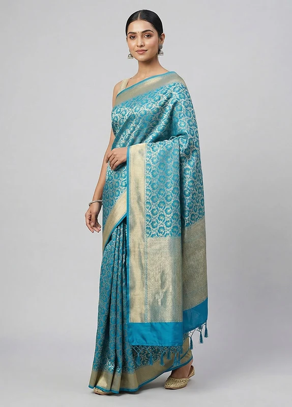 Blue Kora Silk Saree With Blouse Piece One Size
