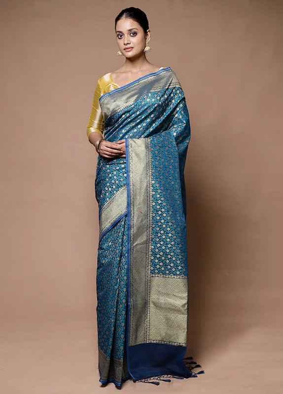 Blue Kora Silk Saree With Blouse Piece Onesize