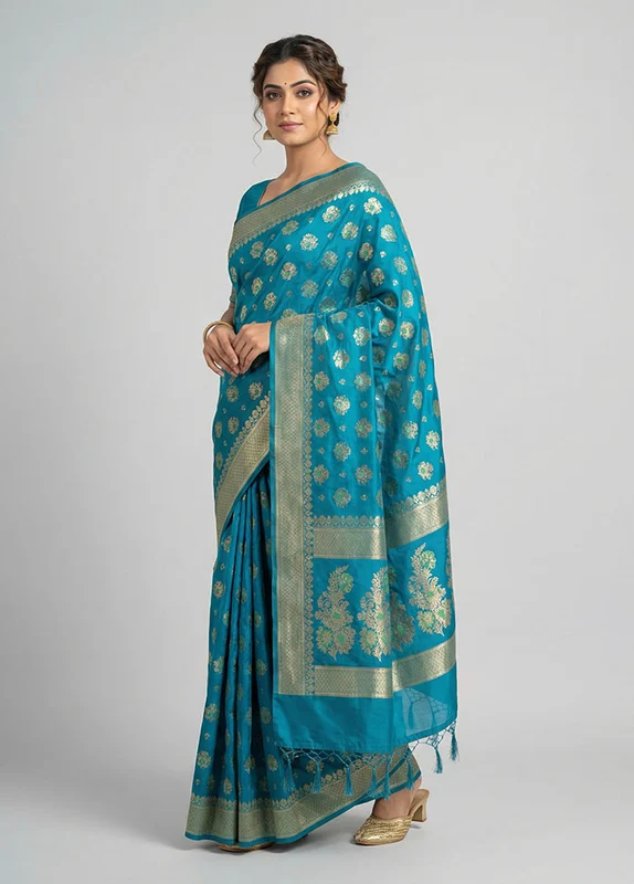 Blue Kora Silk Saree With Blouse Piece One Size