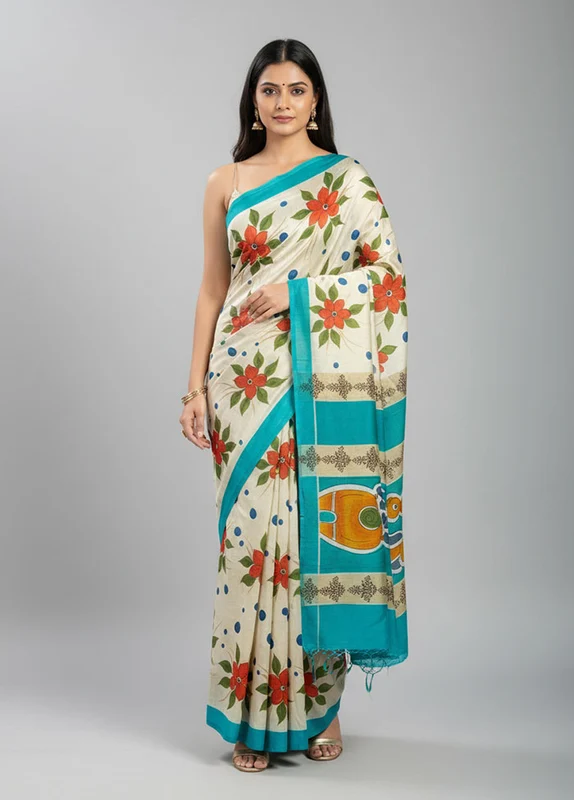 Multicolor Printed Pure Silk Saree Without Blouse Piece One Size