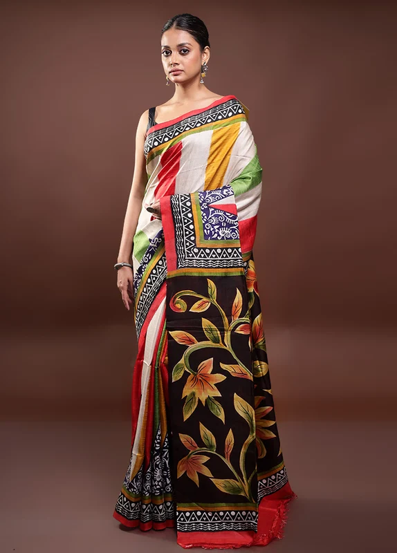 Multicolor Printed Pure Silk Saree Without Blouse Piece Onesize