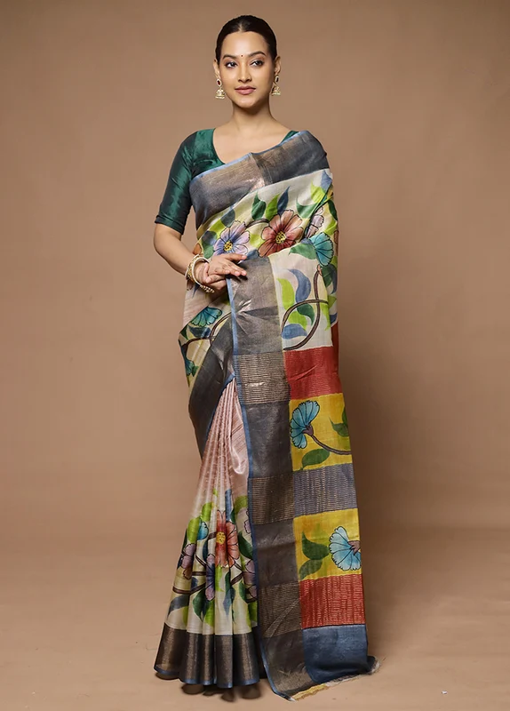 Cream Handloom Tussar Pure Silk Saree With Blouse Piece Onesize