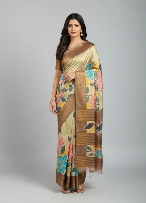 Multicolor Handloom Tussar Pure Silk Saree With Blouse Piece One Size