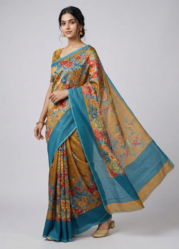 Blue Printed Silk Saree Without Blouse Piece One Size