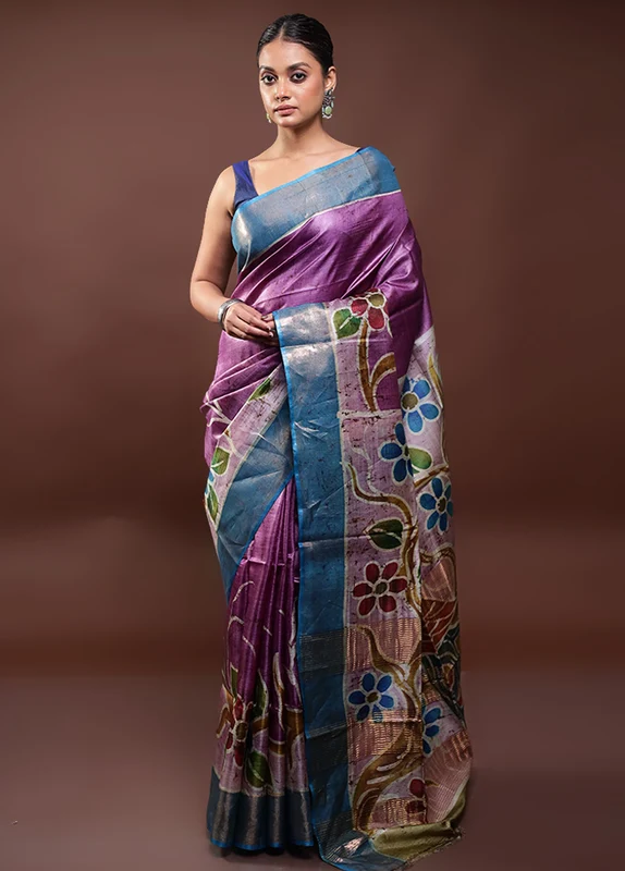 Purple Handloom Tussar Pure Silk Saree With Blouse Piece Onesize
