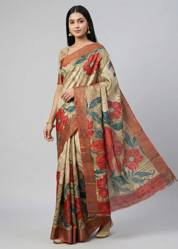 Cream Handloom Tussar Silk Saree With Blouse Piece One Size