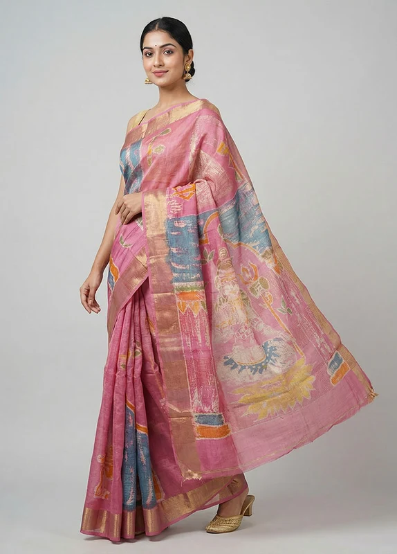 Pink Handloom Tussar Silk Saree With Blouse Piece One Size