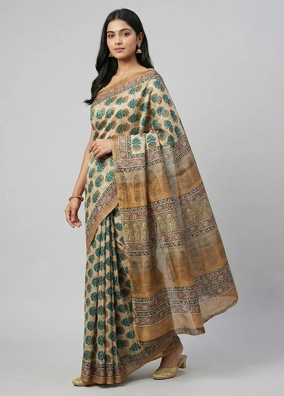 Cream Handloom Tussar Pure Silk Saree With Blouse Piece One Size