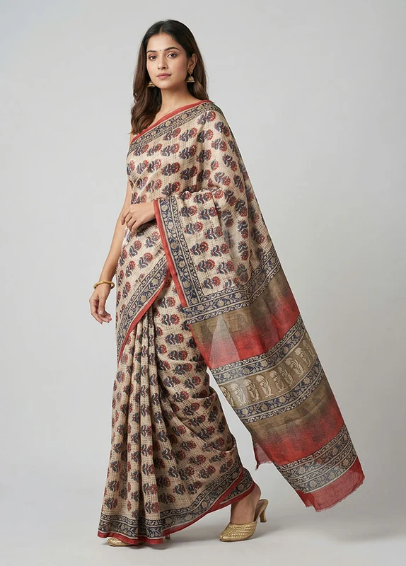 Cream Handloom Tussar Pure Silk Saree With Blouse Piece One Size