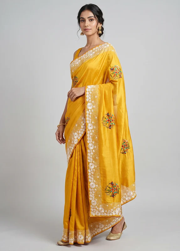 Yellow Printed Silk Saree Without Blouse Piece One Size