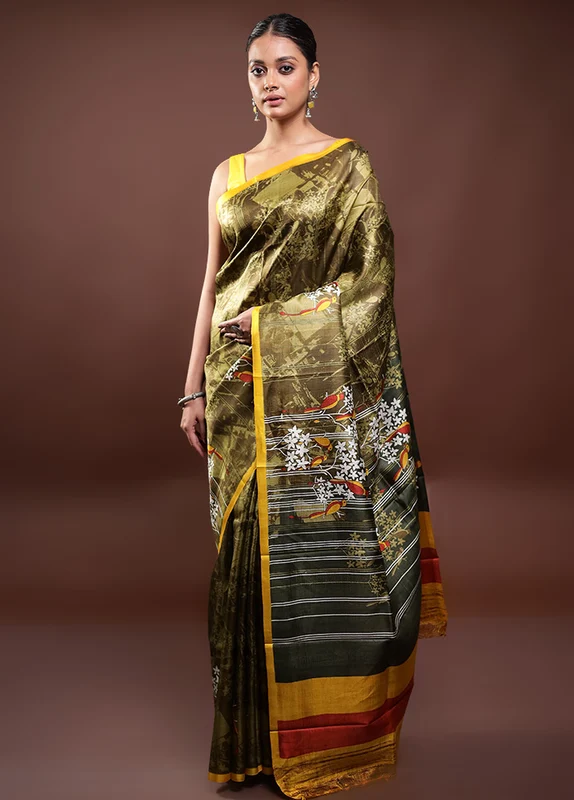 Multicolor Printed Pure Silk Saree Without Blouse Piece Onesize