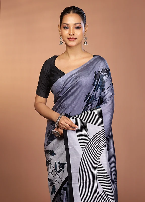 Grey Printed Pure Silk Saree Without Blouse Piece One Size